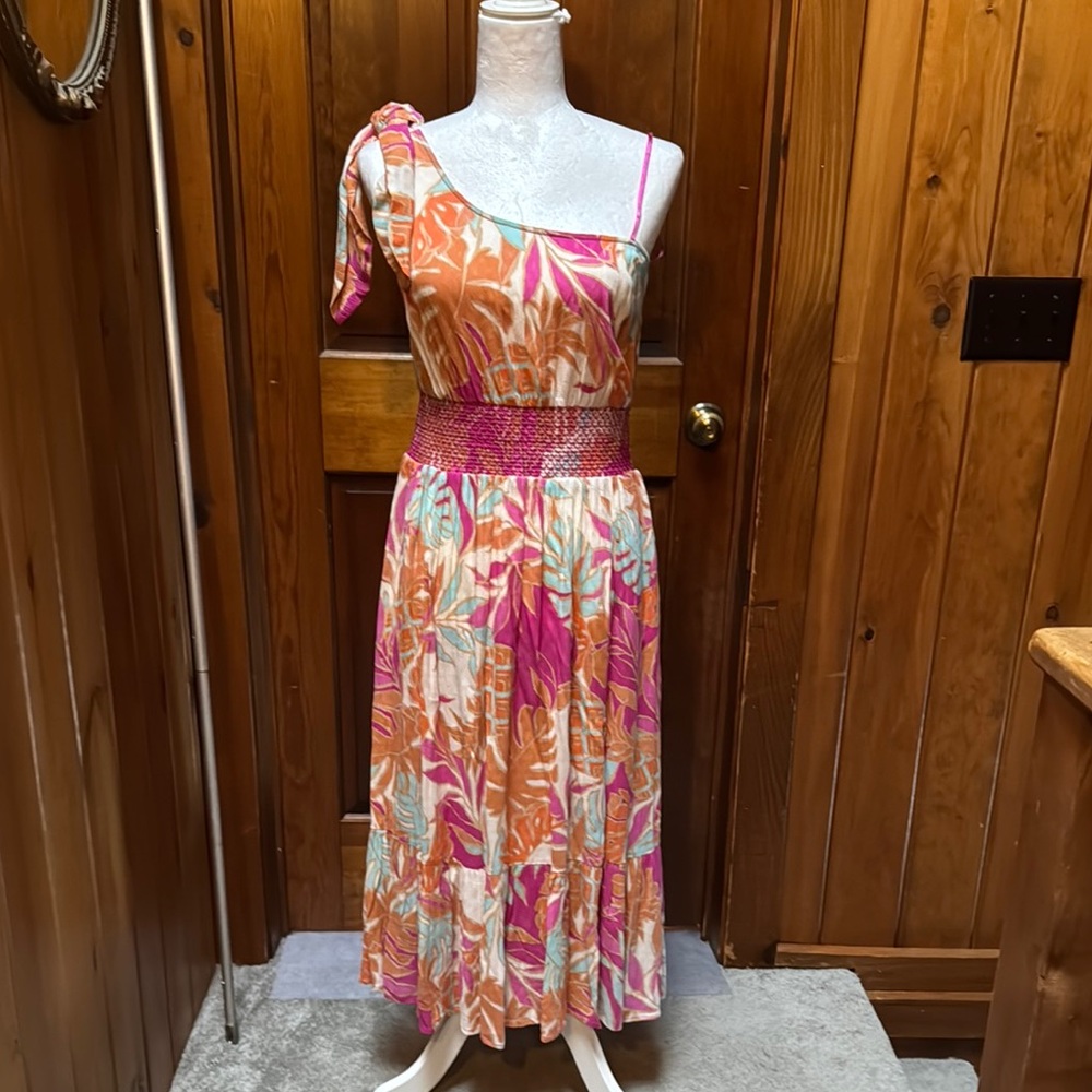 Tropical Print One-Shoulder Dress